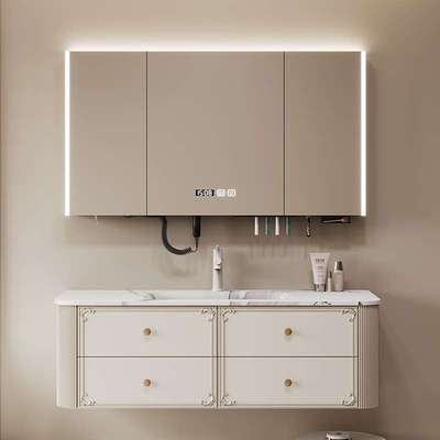 奶油风法式浴室柜组合岩板热弯一体盆橡木智能洗漱台洗手脸盆复古