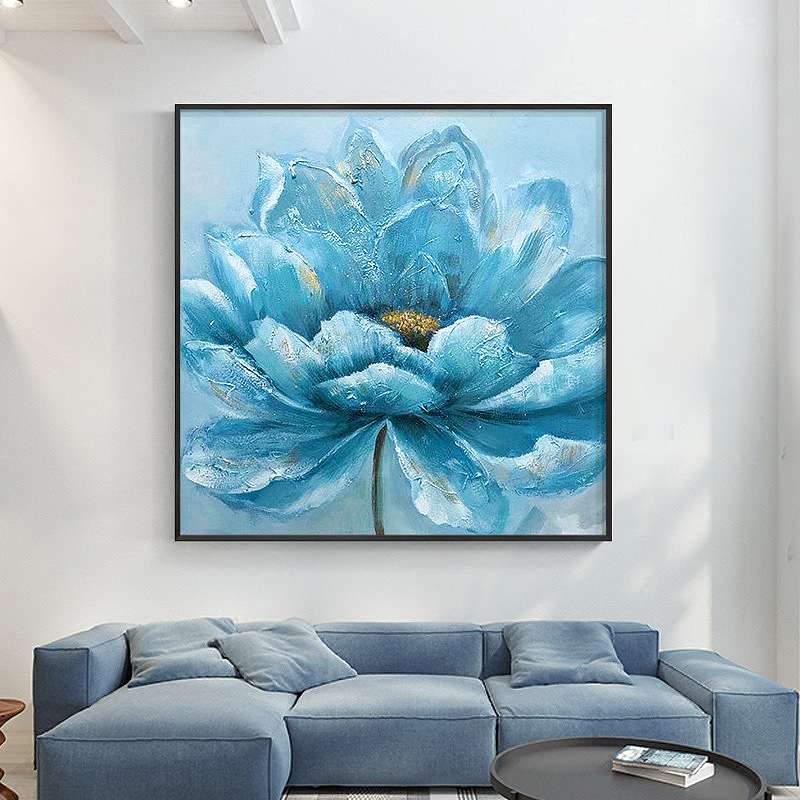 立体纯手绘蓝花简约油画客厅餐厅现代装饰画壁画挂画艺术玄关油画图片