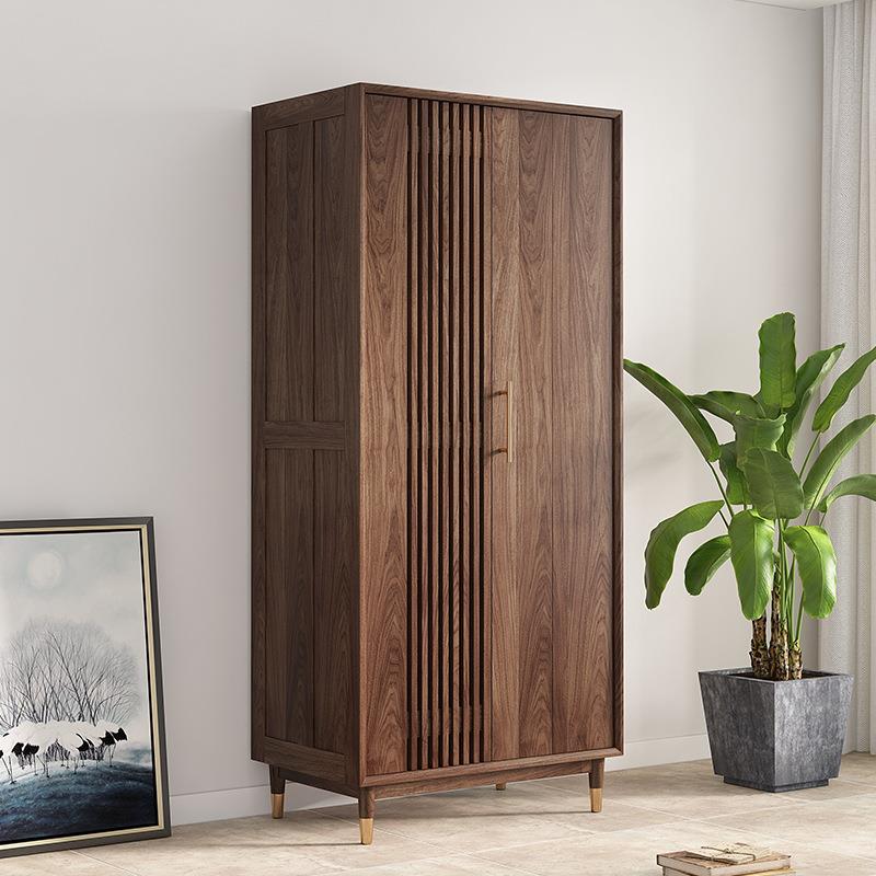 柜储物家用卧室收纳北美实木衣柜北欧原木简约现代格栅衣橱黑胡桃