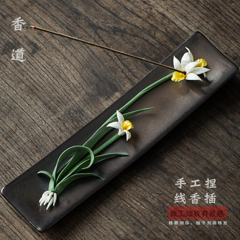 纯手工禅意水仙花荷花玉兰花复古香插香炉托日式茶盘陶瓷摆件笔搁