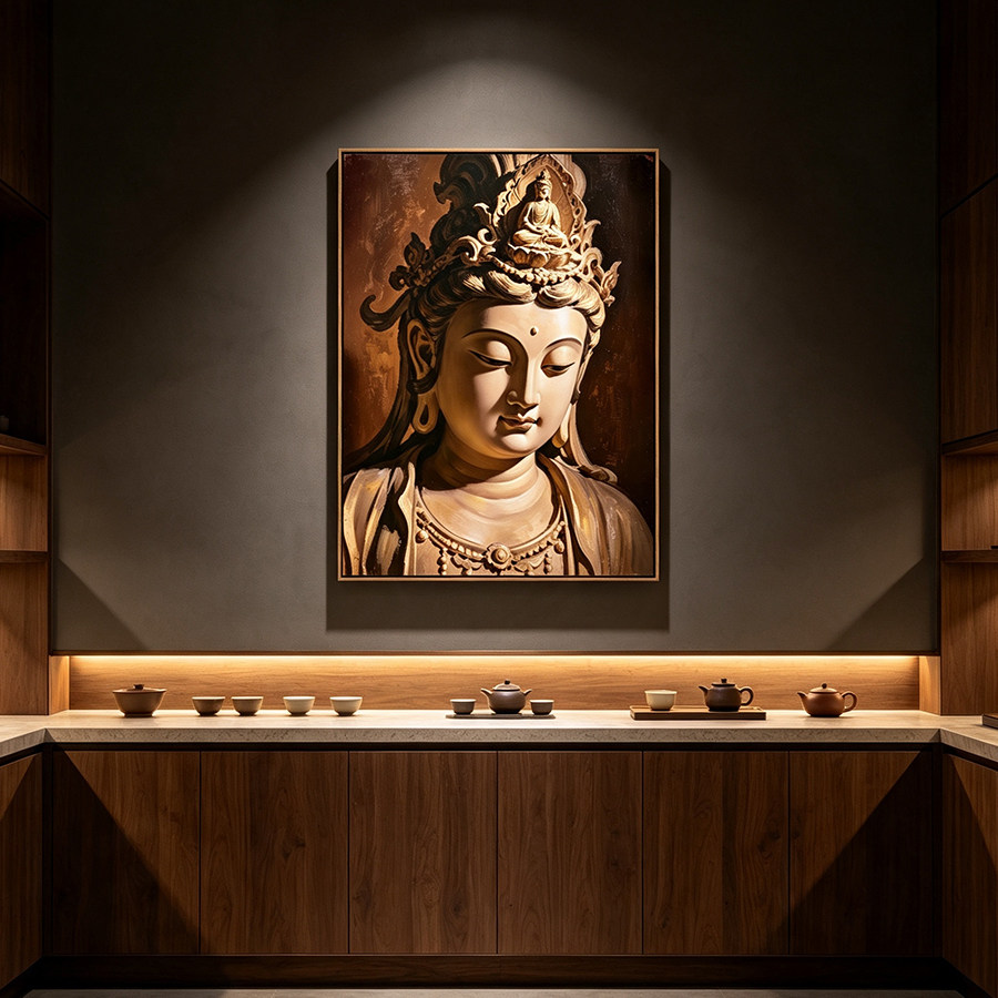 观音佛像装饰画现代简约客厅书房挂画古典立体浮雕壁画玄关装饰画