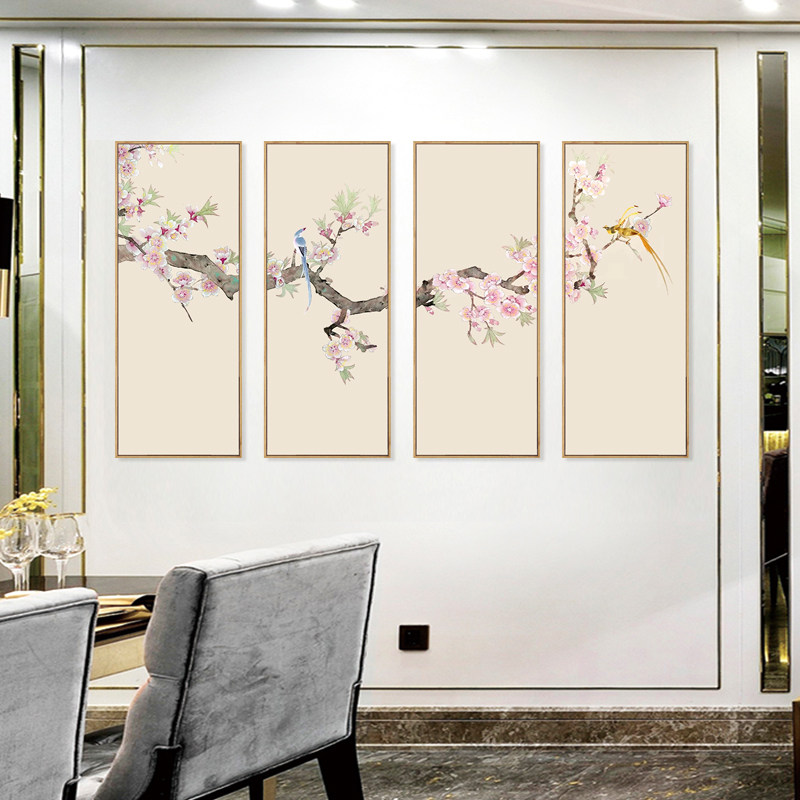 水墨宣言新中式客厅背景墙四联幅装饰画手绘花鸟桃花海棠条屏挂画