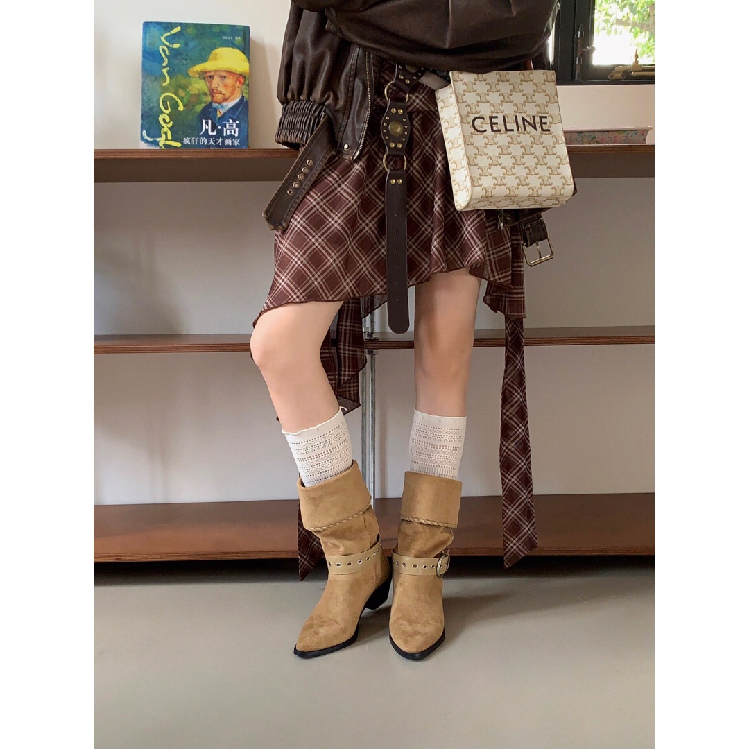 骑士短靴女复古粗跟西部靴