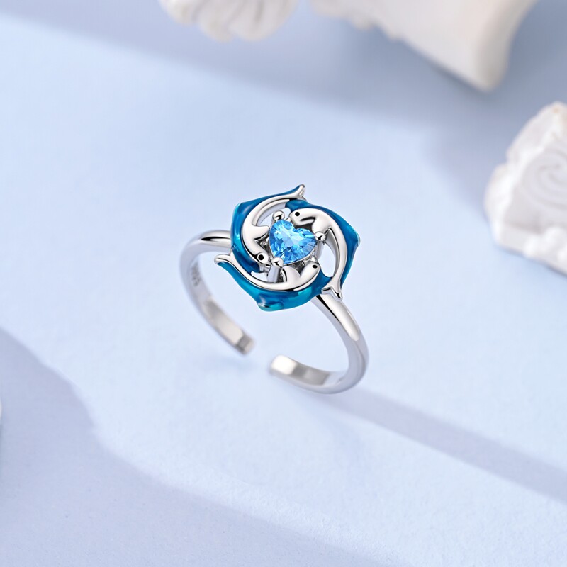 MYBEBOA美缤宝戒指女款2026新款旋转海豚亲子戒指开口戒可调节独