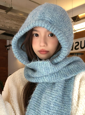 韩系蓝色针织帽子围巾一体女冬季护耳帽保暖毛线帽冬巴拉克拉法帽