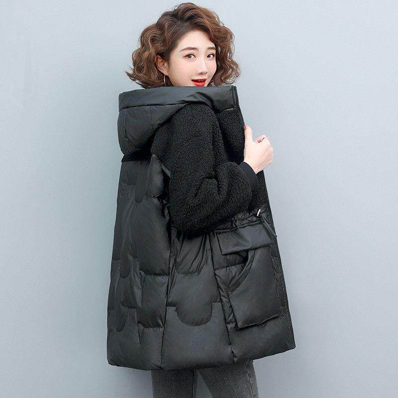 ROUMIKL羊羔毛拼接服女冬季2025年新款时尚洋派加厚中长版连帽袄