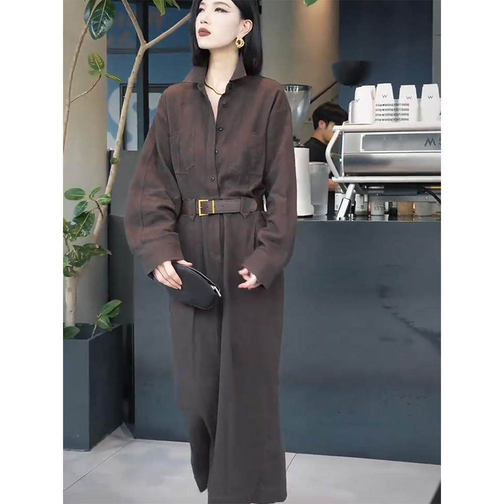 ROUMIKL法式棕色衬衫连衣裙女装秋季2025新款外贸原单出席重要场