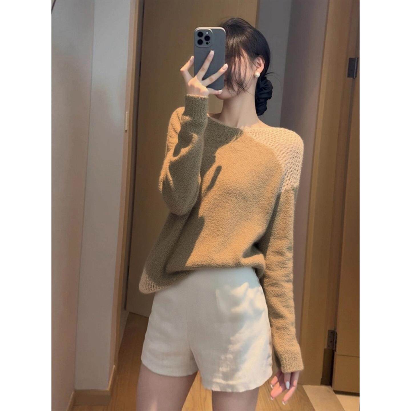 ROUMIKL韩系上衣女装秋冬季2025新款外贸原单小众设计卡其色镂空