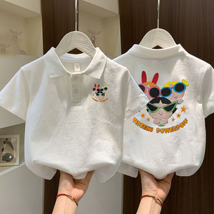 儿童POLO衫短袖男女童夏装超好看卡通印花翻领T恤宽松白色上衣服