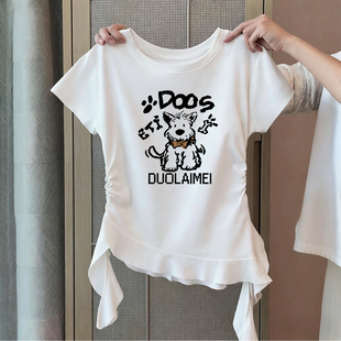 纯棉t恤女童短袖夏装2026新款儿童洋气修身设计感短款荷叶边上衣