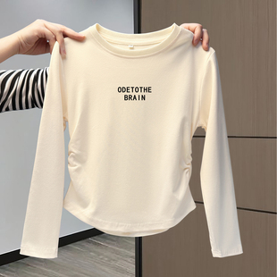 大童女童纯棉长袖t恤圆领短款春秋装儿童打底衫内搭修身白色上衣