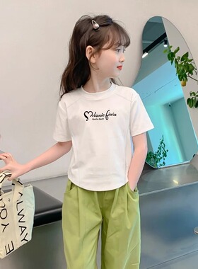 女大童纯棉白色短款弧形下摆短袖t恤夏季儿童正肩修身收腰上衣服
