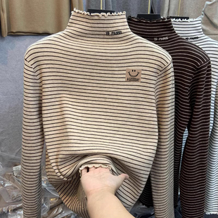 加厚女童德绒打底衫内搭秋冬半高领木耳边儿童超好看长袖条纹上衣