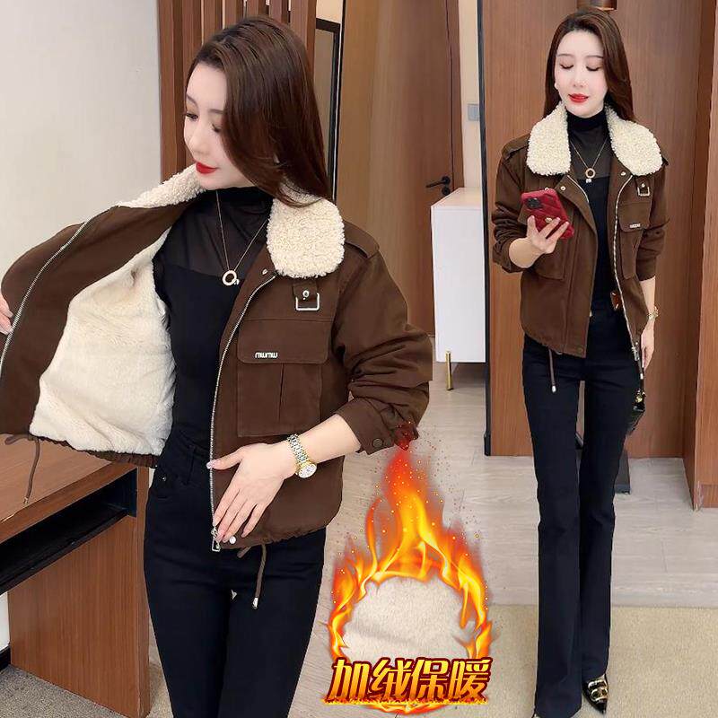 ROUMIKL服女装韩版通勤大码加厚毛领上衣2025冬季新款高级感短外