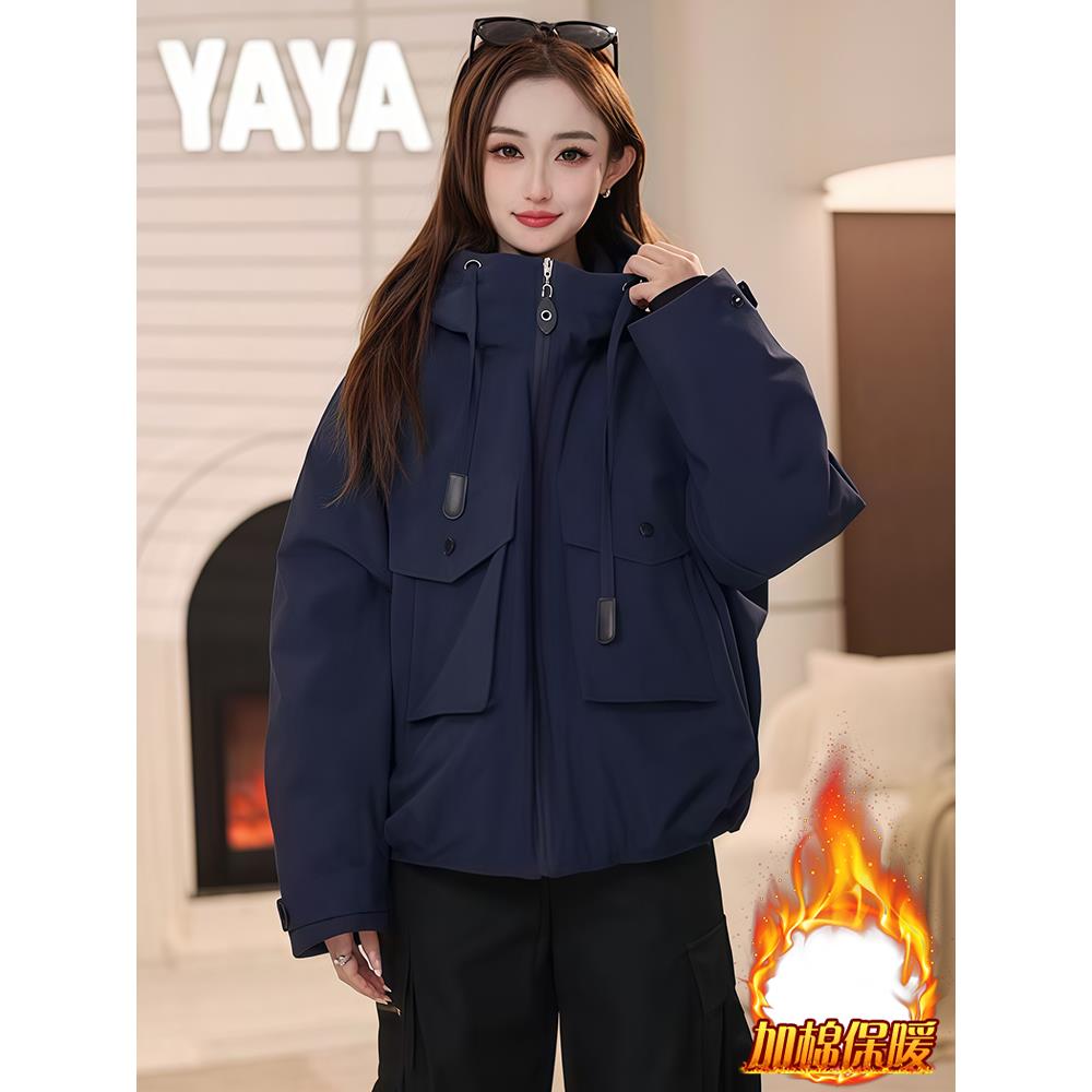 ROUMIKL2025独特超好看服女冬季新款加绒衣短款加厚连帽户外登山