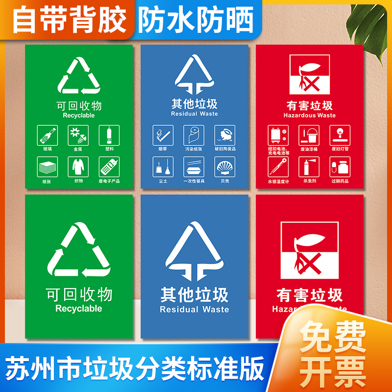 苏州市垃圾分类垃圾桶标识贴纸不可回收其他有害厨余易腐标志标签宣传