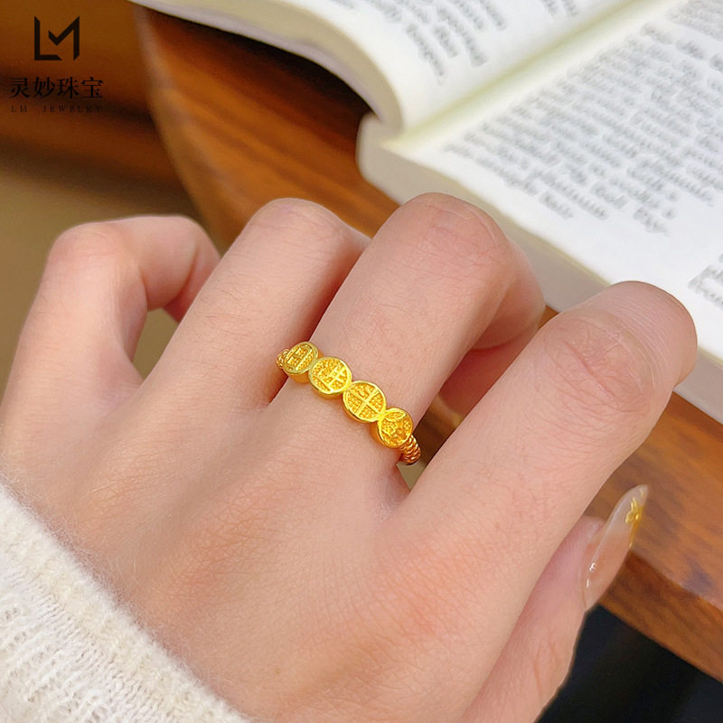 正品999足金24k黄金戒指日进斗金多财多亿金包银戒指开口指环对戒