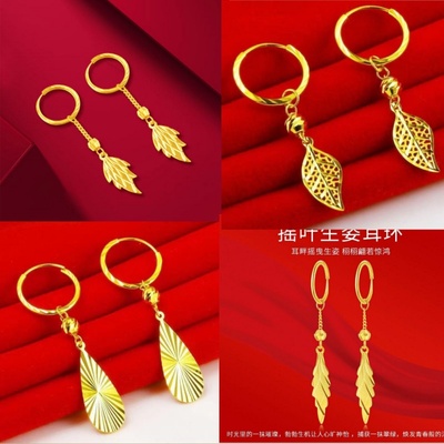 正品999足金24k黄金色枫叶耳坠