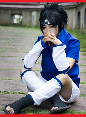 火影忍者 宇智波佐助 COSPLAY服装一代衣服cos全套蓝色短袖 假发