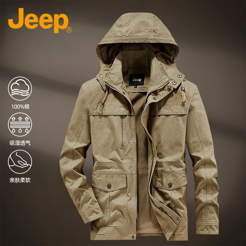 JEEP吉普中长款美式复古工装夹克衫纯棉外套中年秋季男装上衣爸爸