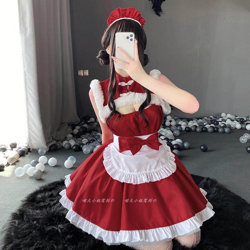 日系cos女仆装红色女佣纯欲性感甜美毛绒新年战袍制服连衣裙套装