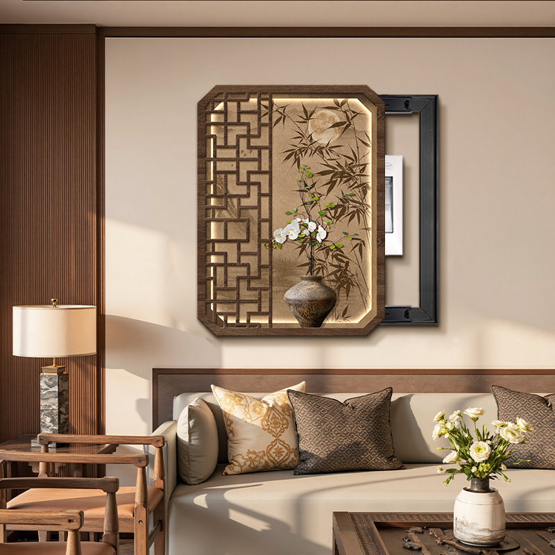 竖款宋代美学电表箱装饰画餐厅覆古砂岩电闸配电箱多媒体盒遮挡画