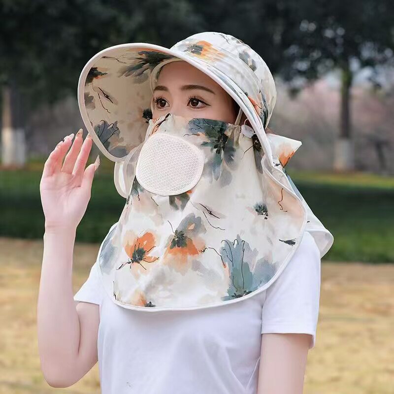 遮阳冰丝薄款帽子夏季透气防晒骑车戴帽子大帽檐遮脸防护用采茶帽