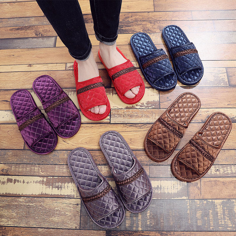 居家室内新款防滑颗粒绸缎布艺布底拖鞋美容院木地板静音春秋冬季