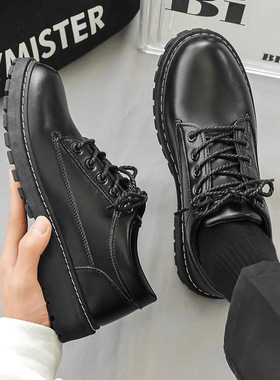 真皮男鞋2025年秋季新款潮牌潮流休闲帅气圆头系带大学生黑色皮鞋