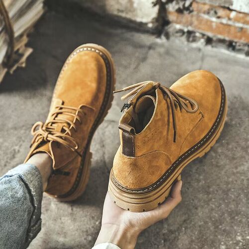 马丁靴男真皮高帮侧拉链内增高