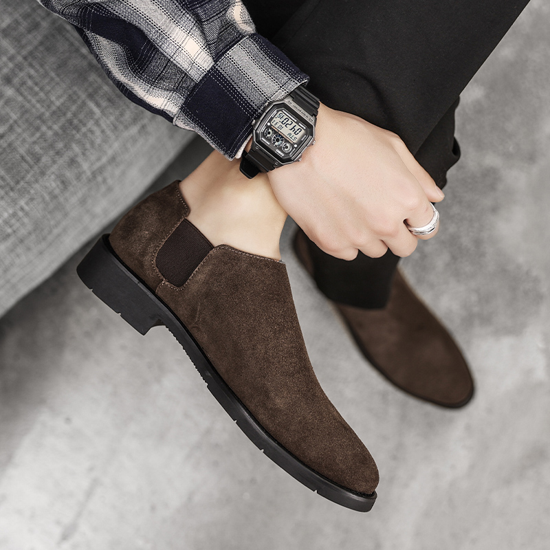 休闲皮鞋男2025秋季新款尖头反绒真皮懒人套脚英伦风磨砂皮男鞋