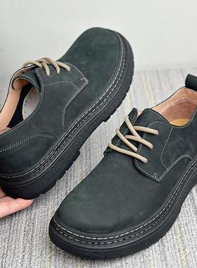 黑色皮鞋男2025冬季新款英伦风软皮透气宽头厚底系带休闲工装鞋