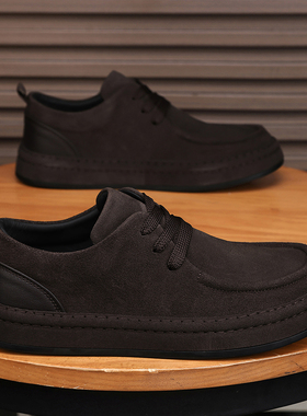 潮牌男鞋2025新款冬季翻毛皮复古棕色皮鞋休闲低帮软底运动豆豆鞋