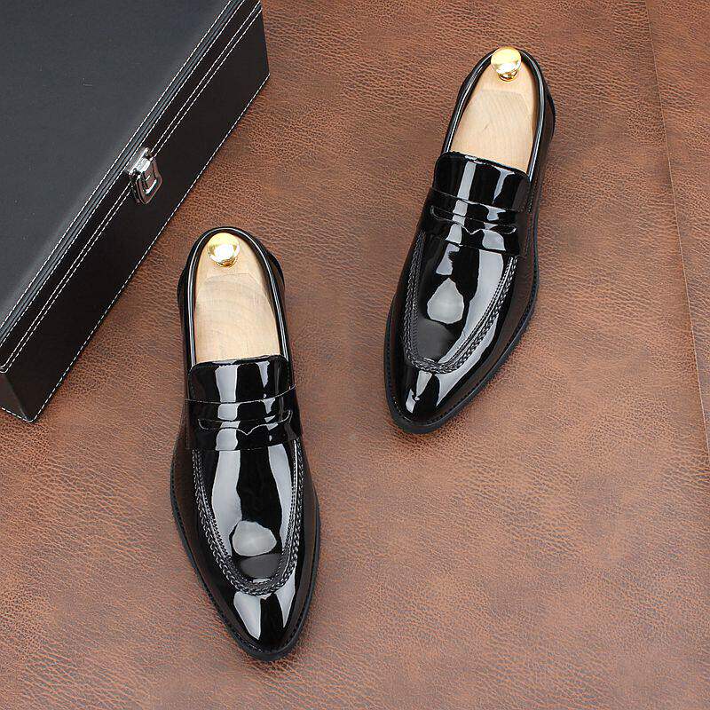 男鞋夏季2026新款透气尖头皮鞋商务一脚蹬休闲增高正装亮皮男鞋