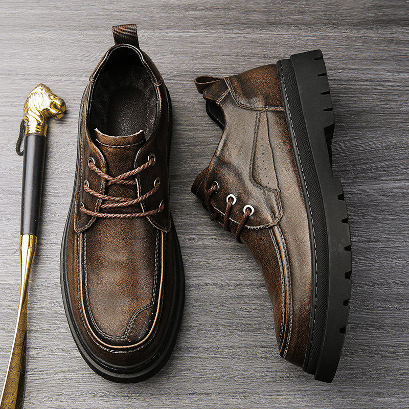 潮牌休闲皮鞋冬季新款男士真皮青年正装小皮鞋缝底内增高公牛男鞋