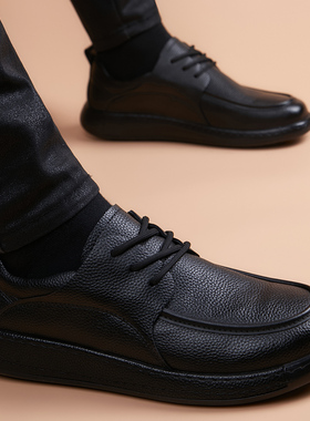 真皮休闲皮鞋男2025冬季新款软皮厚底增高透气商务系带平底德比鞋