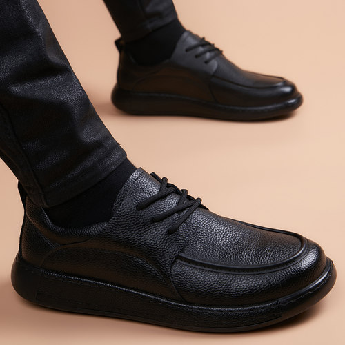 增高透气商务系带平底缝线德比鞋