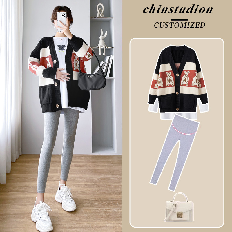 임산부 가을 의류 세트 패셔너블한 외출 긴팔 가디건 스커트 배를 덮는 루즈한 임산부 상의 투피스 니트 스웨터 세트