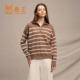 鹿王100%山羊绒衫 女半拉链翻领条纹针织衫 毛衣内搭保暖25年秋冬新