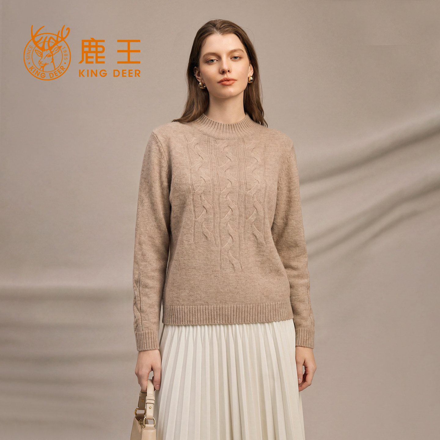 鹿王100%纯山羊绒衫女士半高领