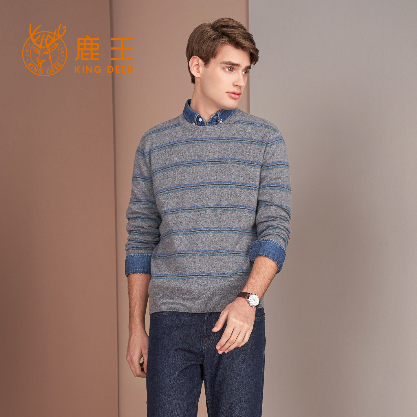 鹿王圆领提花男士羊绒衫