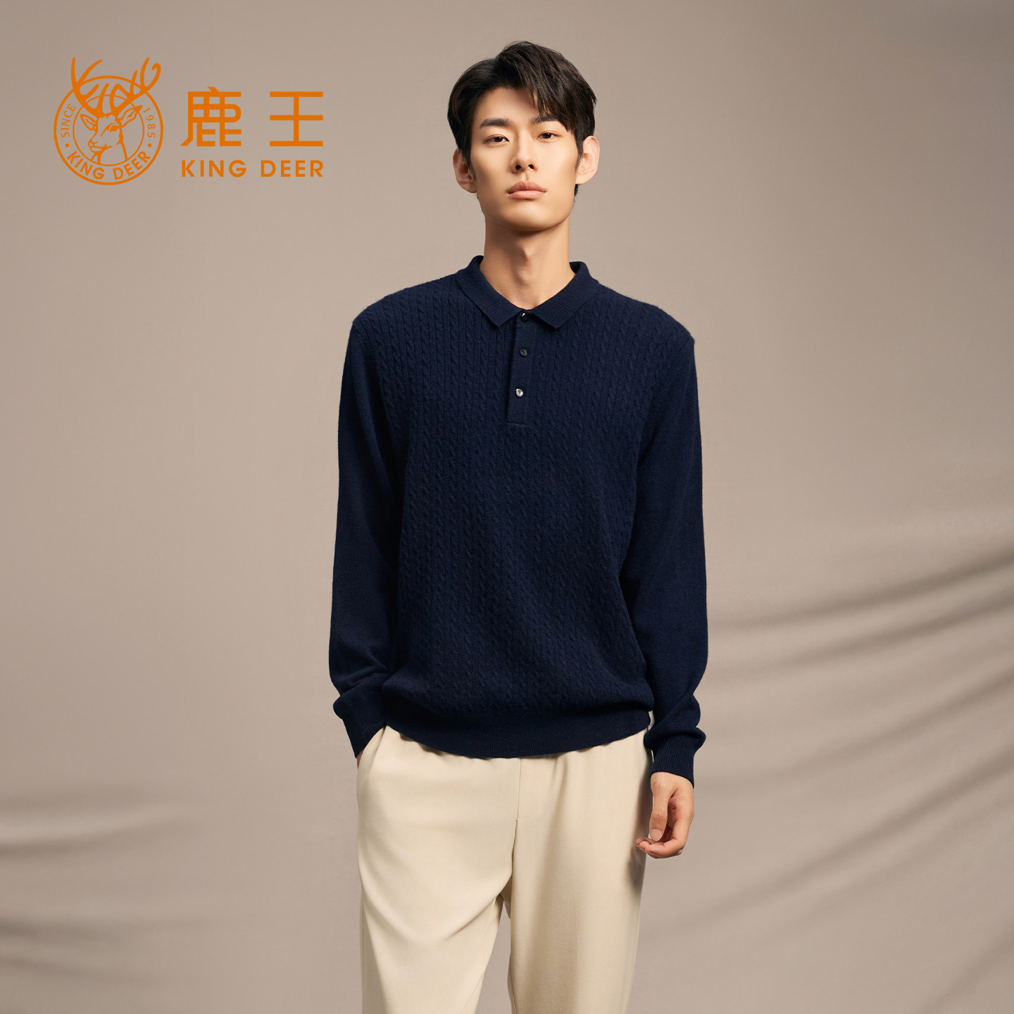 鹿王100%山羊绒衫男翻领针织衫毛衣内搭纯色商务保暖打底秋冬新品