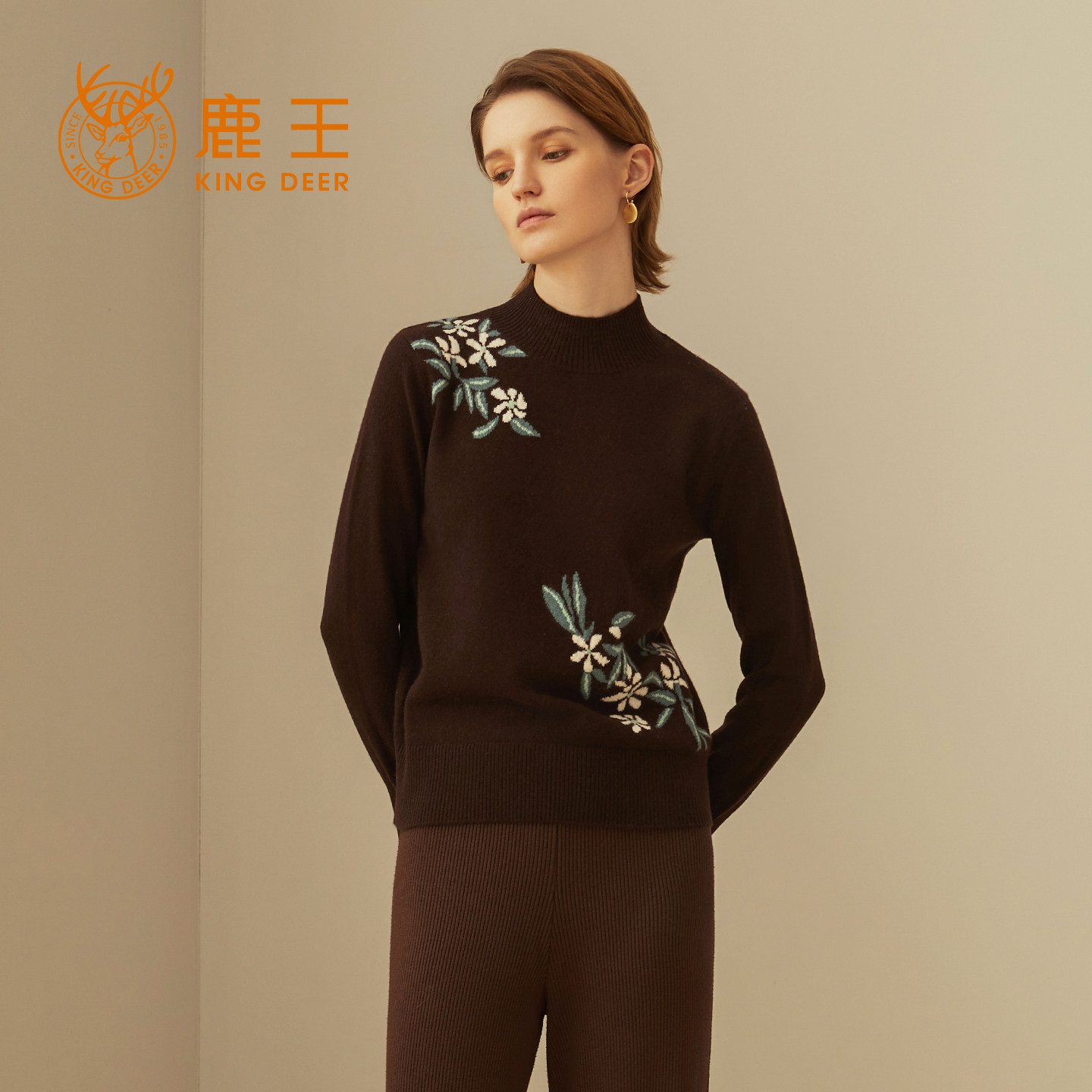 鹿王100%纯山羊绒衫女士半高领针织绣花保暖打底毛衣套衫秋冬新款