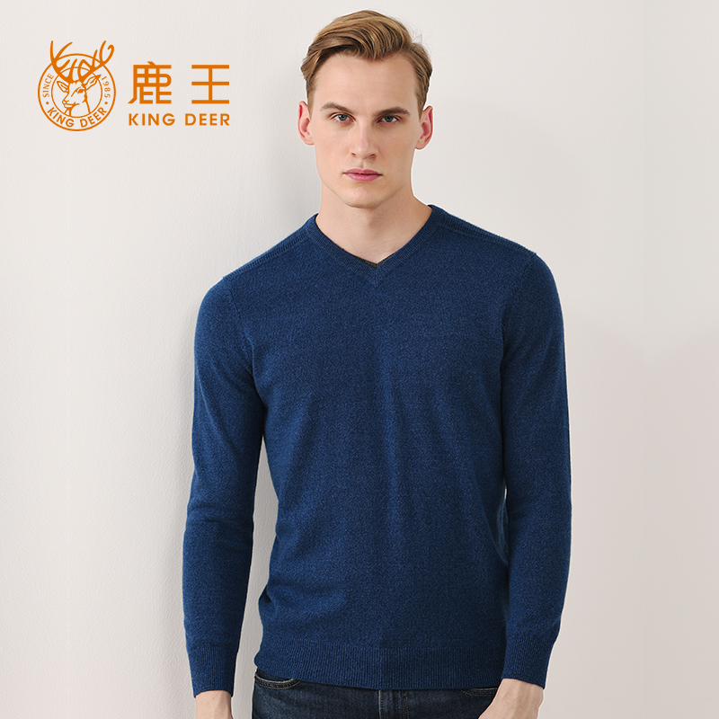 鹿王纯羊绒男士v领套头衫