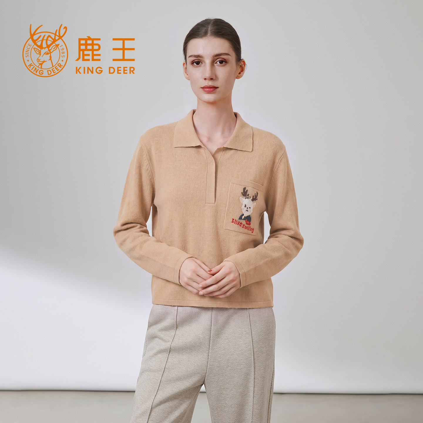 鹿王100%山羊绒女翻领套衫