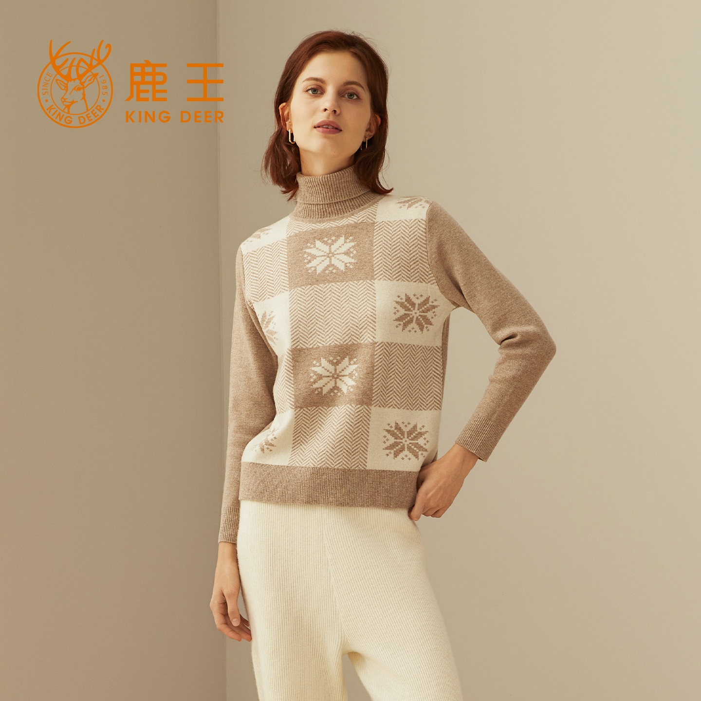 鹿王女士樽领100%纯山羊绒衫