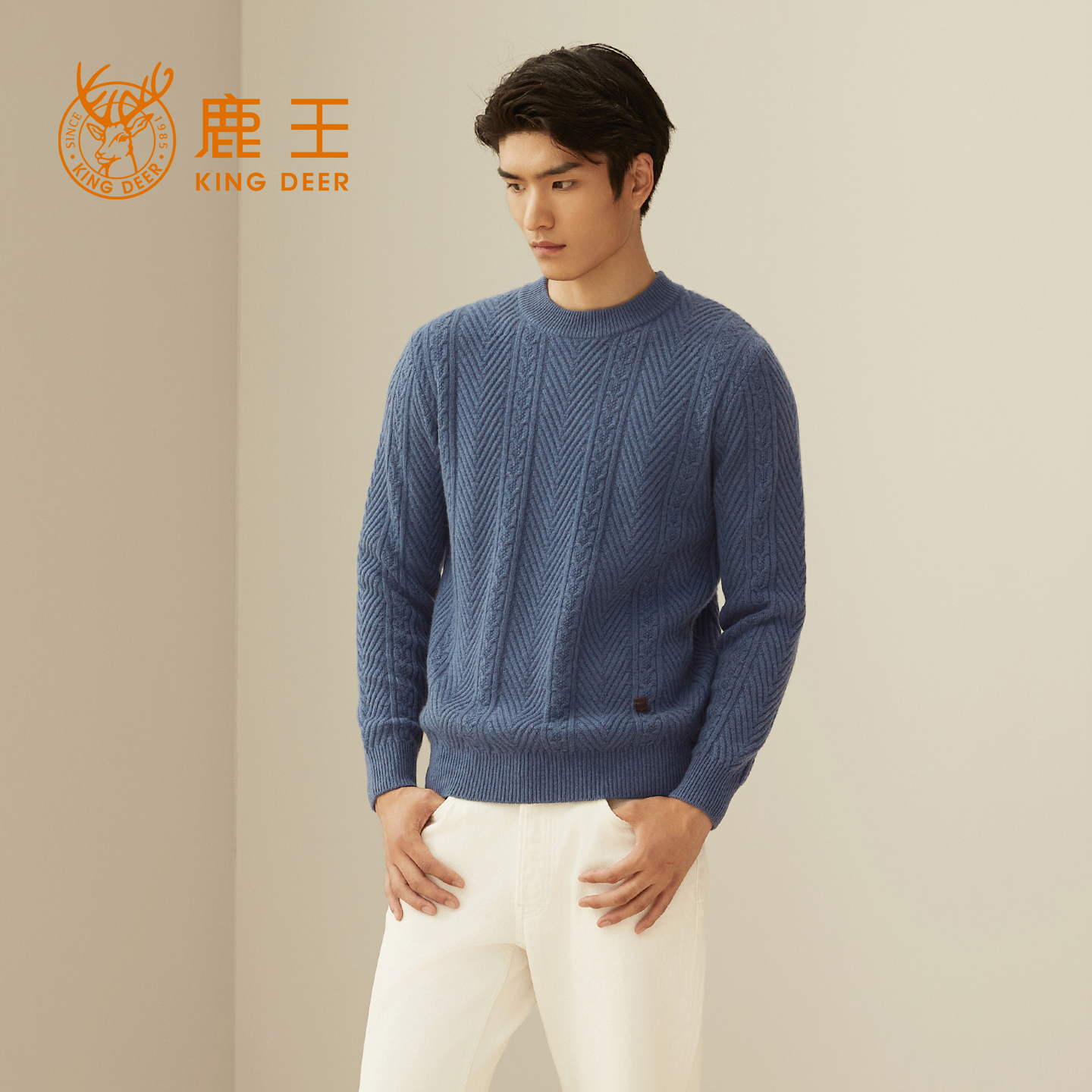 鹿王100%纯山羊绒衫男士圆领