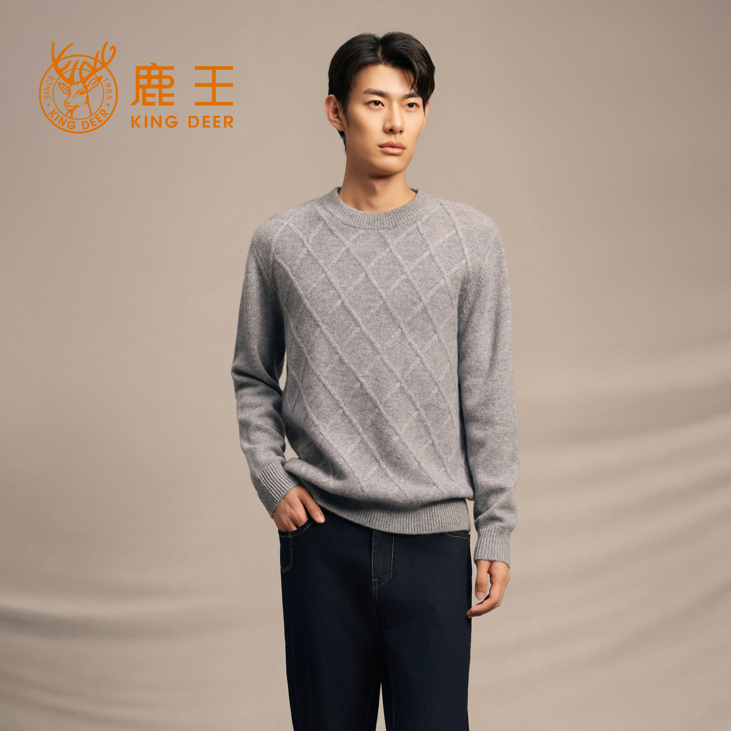 鹿王100%纯山羊绒衫男士圆领菱形纹理保暖套头针织衫25年秋冬新款