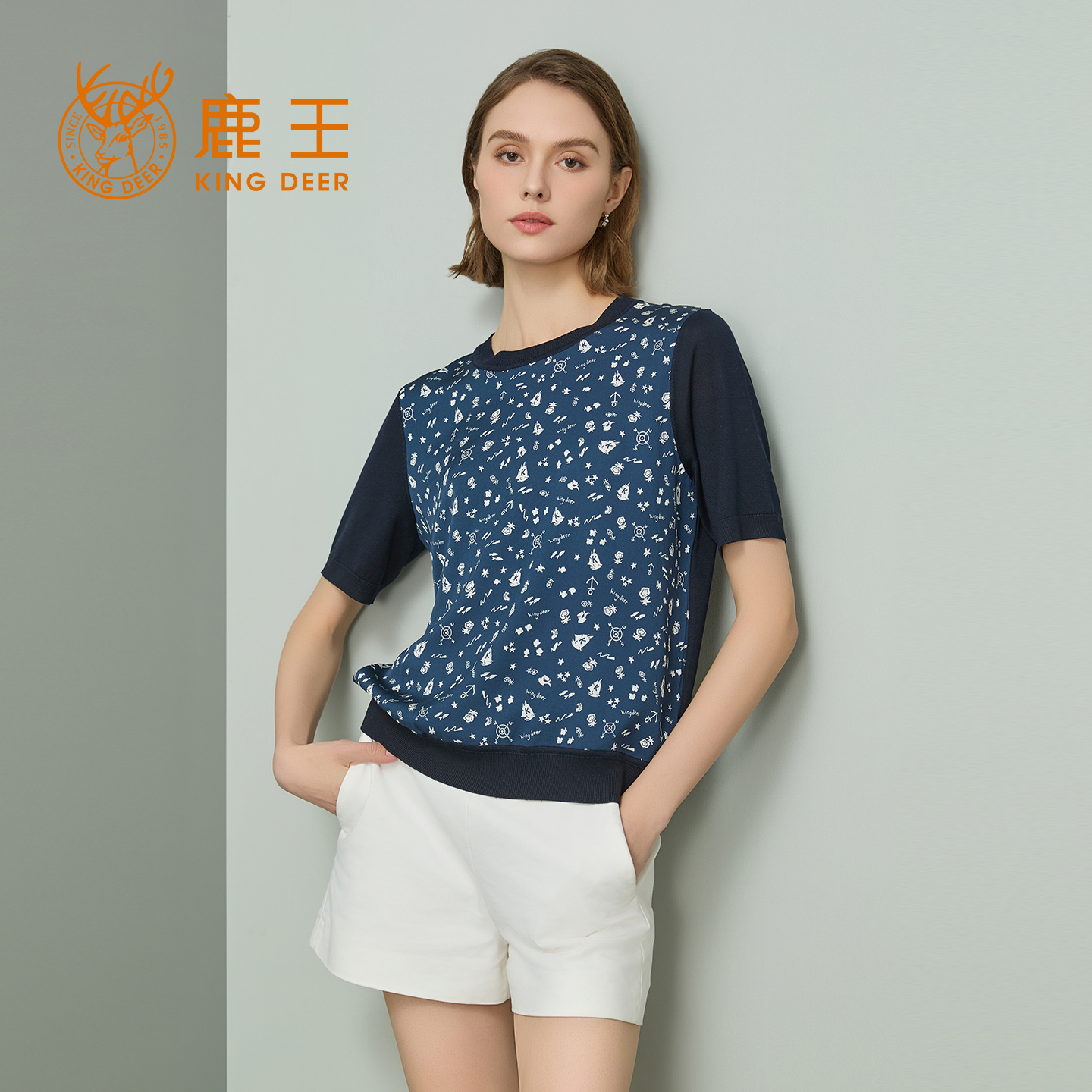 鹿王桑蚕丝真丝印花圆领短袖T恤