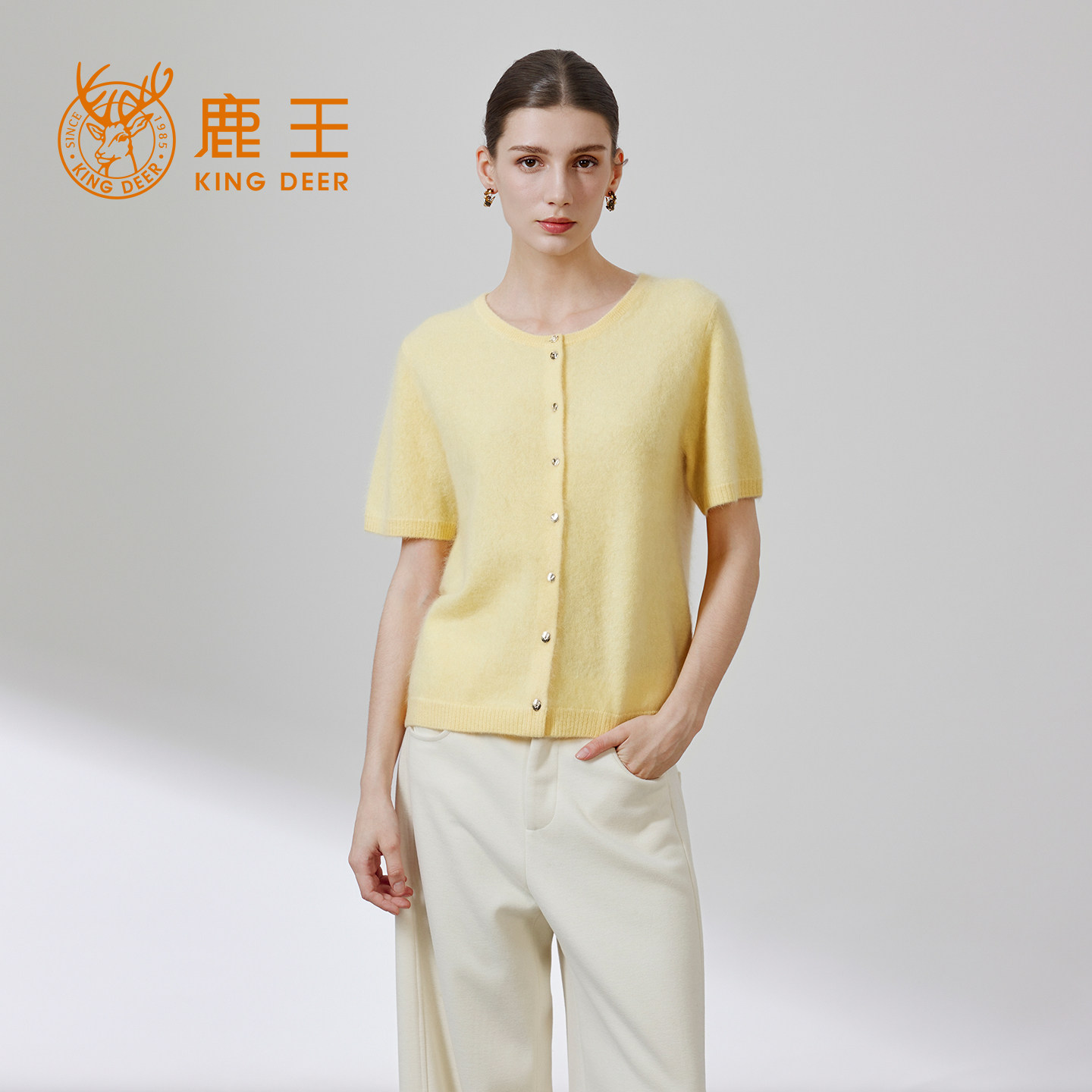 鹿王100%山羊绒女短袖针织开衫